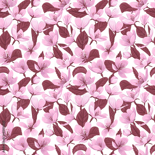 Cherry blossom flowers and leaves vector seamless pattern. Pink blooming flowers and leaves on white background. Gentle spring floral seamless pattern.