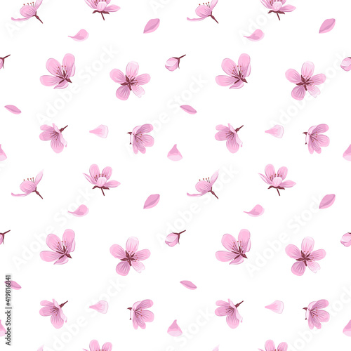Cherry blossom flowers and petals vector seamless pattern. Pink blooming flowers and petals on white background. Gentle spring floral seamless pattern.