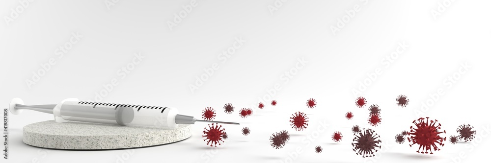 3D rendering of Coronavirus 2020. Syringe on the round stone pedestal and infections prevention Coronavirus Covid-19, Isolated on white background, concept virus Covid-19 protection on white floor. 3D rendering of Coronavirus 2020. Syringe on the round stone pedestal and infections prevention Coronavirus Covid-19, Isolated on white background, concept virus Covid-19 protection on white floor.