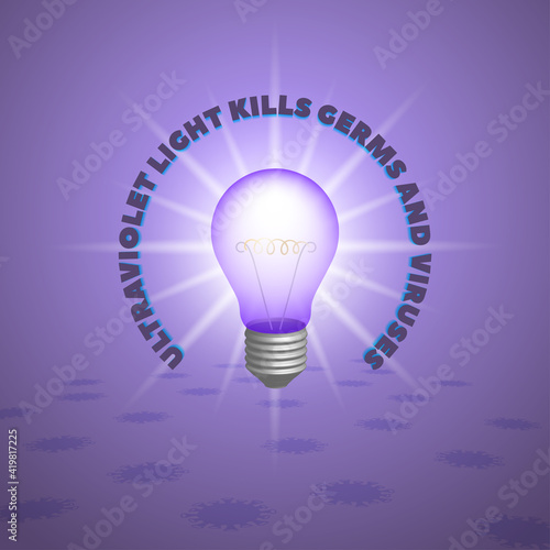 Ultraviolet light kills germs and viruses. 3D classic light bulb with bright rays and virus spots at the bottom