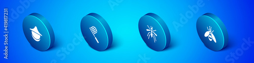 Set Isometric Beekeeper hat, Mosquito, and Butterfly net icon. Vector.