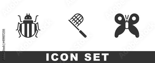 Set Colorado beetle, Butterfly net and icon. Vector.