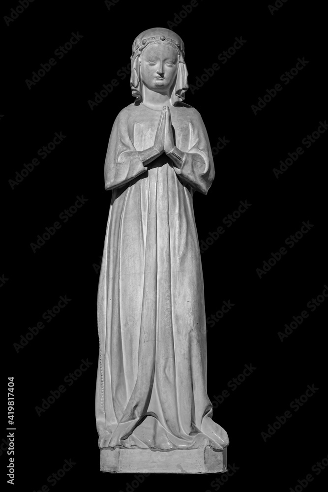 Face of statue of grieving woman isolated on black background. Plaster antique sculpture of young woman. Gypsum copy