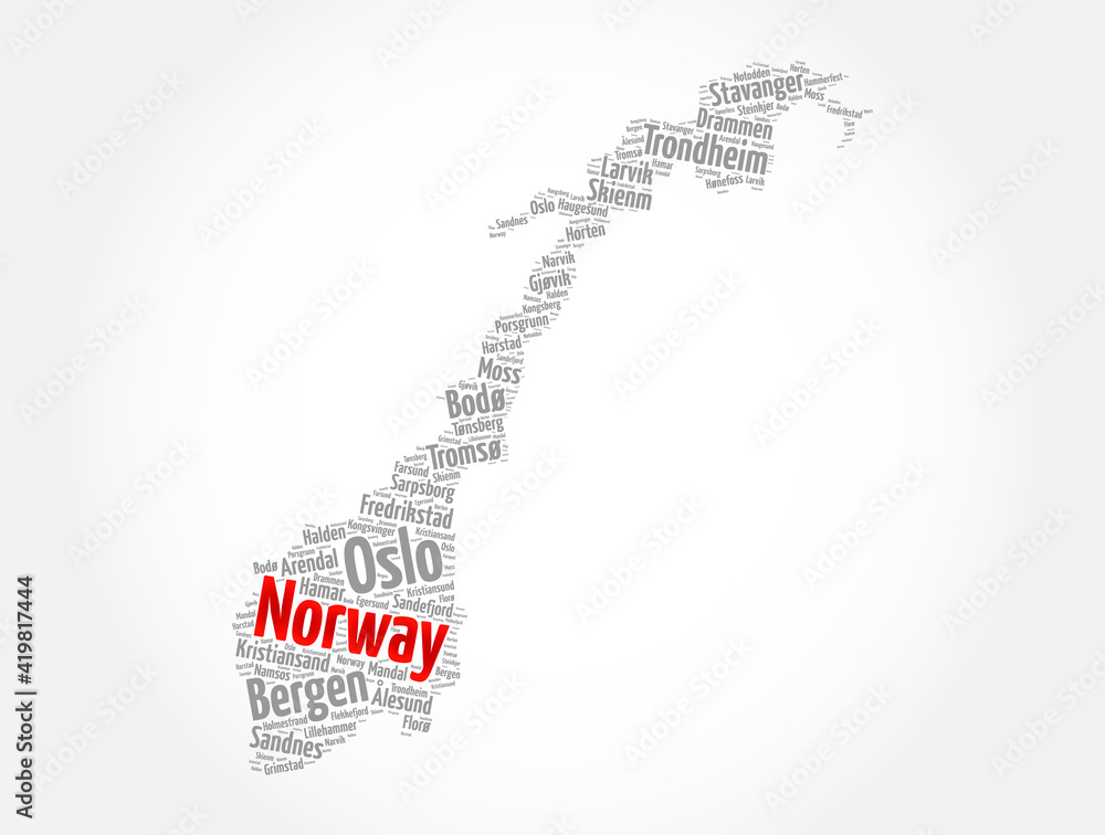 List of cities and towns in Norway, map word cloud collage, business and travel concept background
