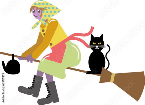 Easter Witch flying on a broom with her black cat.  Old Swedish traditional character.