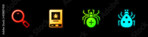 Set Magnifying glass, Book about insect, Spider and Ladybug icon. Vector.