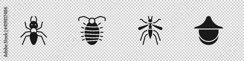 Set Ant, Larva insect, Mosquito and Beekeeper hat icon. Vector.