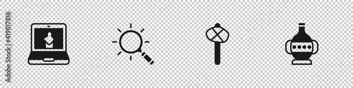 Set Online museum, Magnifying glass, Stone age hammer and Ancient amphorae icon. Vector.