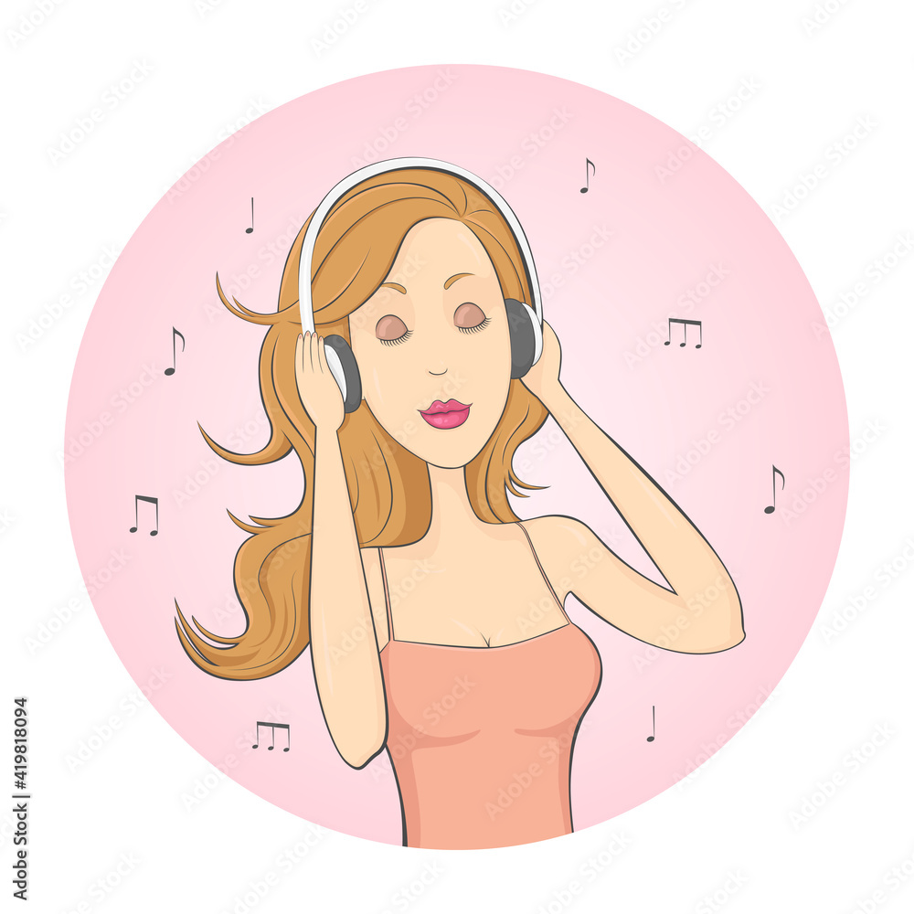 Girl enjoying music in headphones. Female avatar. Vector. Girl enjoying music in headphones. Female avatar. Vector.