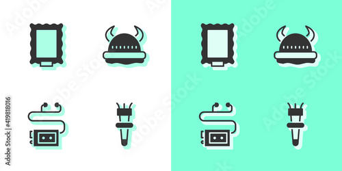 Set Torch flame, Picture, Museum audio guide and Viking in horned helmet icon. Vector.