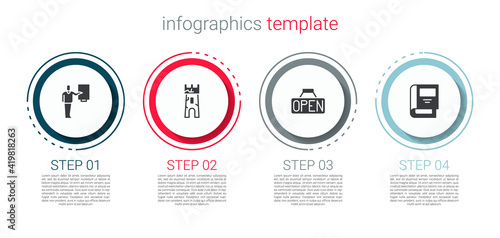 Set Museum guide, Castle tower, Hanging sign with Open and History book. Business infographic template. Vector.