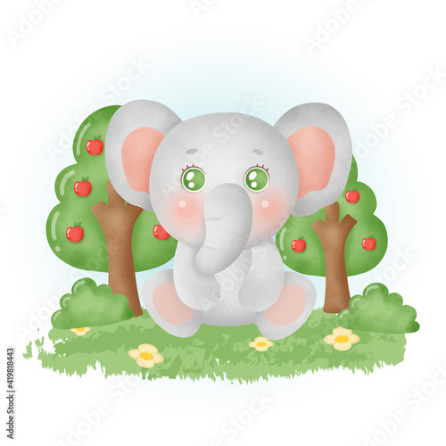 water color cute elephant in the forest.