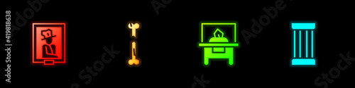 Set Portrait in museum, Human broken bone, Glass showcase for exhibit and Ancient column icon. Vector.