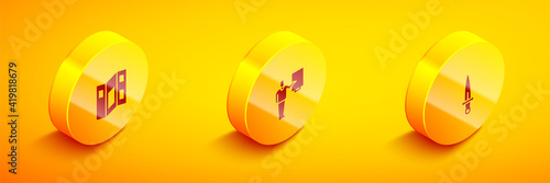 Set Isometric Museum guide brochure, and Dagger icon. Vector.