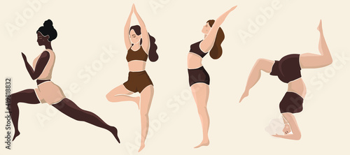Girls doing yoga illustration set