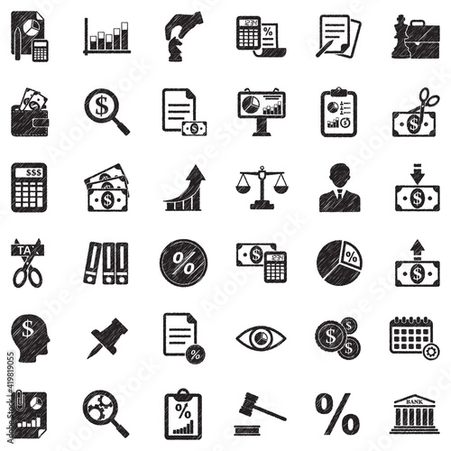 Business And Enterprise Icons. Black Scribble Design. Vector Illustration.