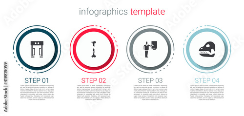 Set Metal detector, Human broken bone, Museum guide and Dinosaur skull. Business infographic template. Vector.