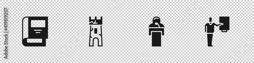 Set History book, Castle tower, Gives lecture and Museum guide icon. Vector.