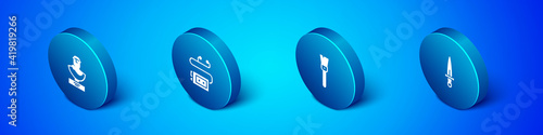 Set Isometric Ancient bust sculpture, Paint brush, Dagger and Museum audio guide icon. Vector.