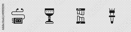 Set Museum audio guide, Medieval goblet, Broken ancient column and Torch flame icon. Vector.