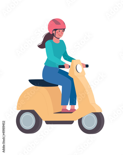A girl in a helmet rides a modern moped. Vector  flat style. Alternative environmentally friendly transport  healthy lifestyle. Woman on a motorbike.