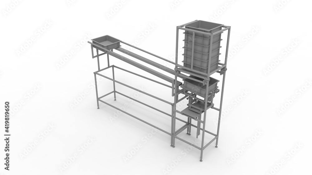 3D rendering of a stacking crate conveyor belt factory manufacturing installation machine, isolated on white background 3D rendering of a stacking crate conveyor belt factory manufacturing installation machine, isolated on white background