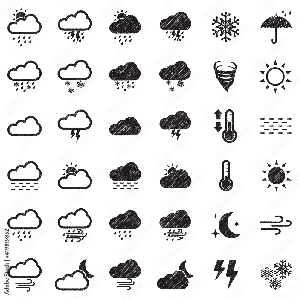 Weather Icons. Black Scribble Design. Vector Illustration. Weather Icons. Black Scribble Design. Vector Illustration.