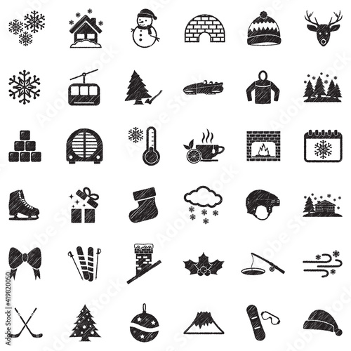 Winter Icons. Black Scribble Design. Vector Illustration.