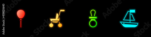 Set Balloons with ribbon, Baby stroller, dummy pacifier and Toy boat icon. Vector.