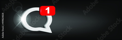 Write message chat  icon with notification on black background. Social media chat communication.  3d vector illustration