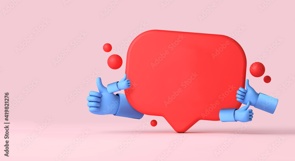 Social media notification speech bubble with thumbs up hands. 3D ...