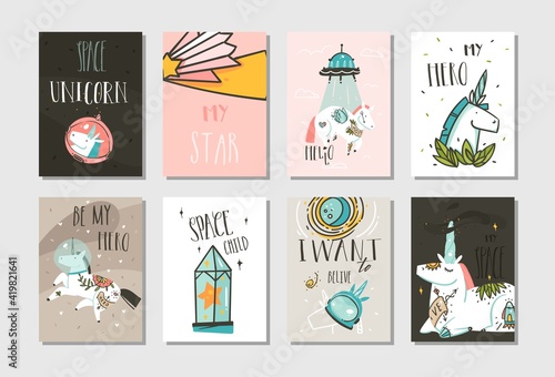 Hand drawn vector abstract graphic creative cartoon illustrations cards collection set template with astronaut unicorns with old school tattoo,planets and spaceship isolated on pastel background
