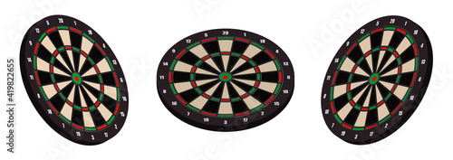 3D color darts boards in various positions. Target, equipment for sports competitions. Vector