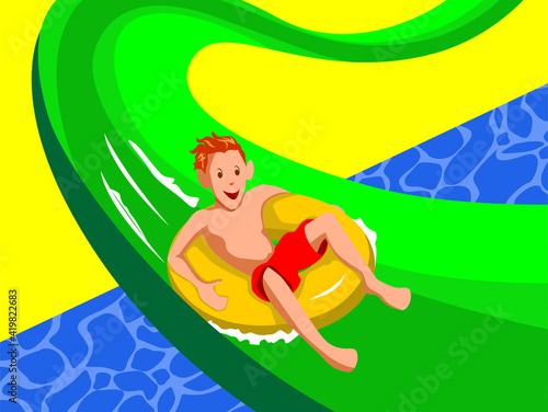 young man riding a water slide in a water park. cheerful boys have fun on water slide in water park. Vector cartoon illustration of isolated on colorful