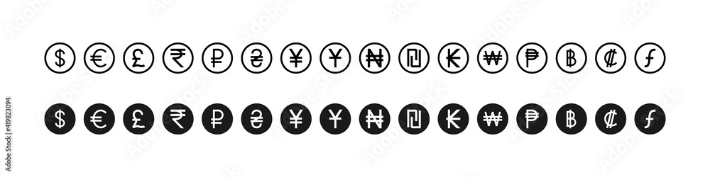Currency vector icons. World money symbols collection. Currency icons, isolated. Vector illustration Currency vector icons. World money symbols collection. Currency icons, isolated. Vector illustration