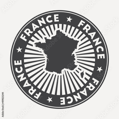 France round logo. Vintage travel badge with the circular name and map of the country, vector illustration. Can be used as insignia, logotype, label, sticker, or badge of France.