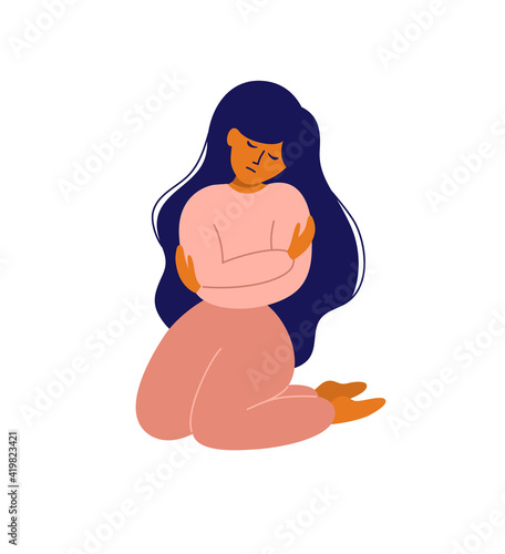 Mental health problem, frustration, anxiety, depression. Sad woman sitting on knees embracing yourself. Care, love, empathy, acceptance concept. Girl self hugging. Female issue vector illustration