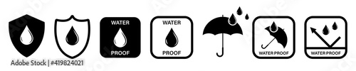 Water Proof icons. Collection of water resistant signs. Vector isolated on white