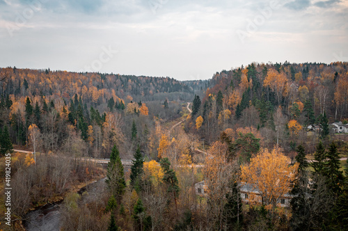 Aerial view over Amata river and forests around it from Landscape Scarp  Ainavu krauja  in Latvia