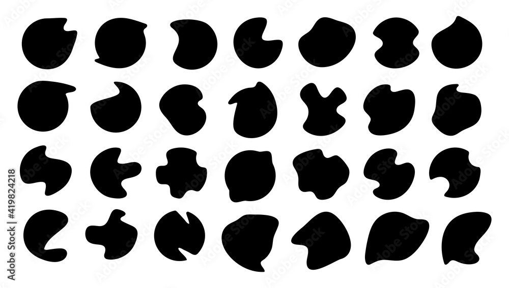 Random black shapes for design. Liquid drops and stains. Pebble silhouette. Ink stain. Vector collection Random black shapes for design. Liquid drops and stains. Pebble silhouette. Ink stain. Vector collection