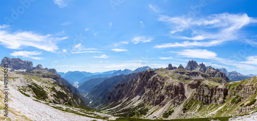 Hyper panorama of the valley and National Park Tre Cime di Lavaredo. Italian Dolomites, Italy
