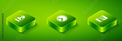 Set Isometric Greek shield, Decree, parchment, scroll and Ancient bust sculpture icon. Vector.