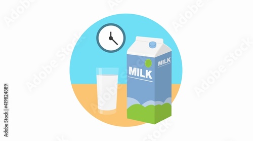Milk icon. Vector isolated illustration of a milk box or carton and a glass of milk with a clock