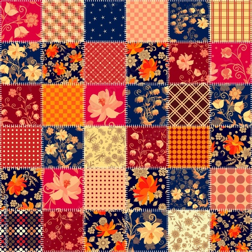 Cute seamless patchwork pattern with flowers and geometric ornaments in warm colors