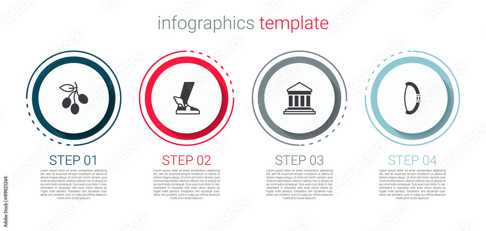 Set Olives branch, Hermes sandal, Parthenon and Medieval bow. Business infographic template. Vector. Set Olives branch, Hermes sandal, Parthenon and Medieval bow. Business infographic template. Vector.