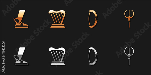 Set Hermes sandal, Harp, Medieval bow and Neptune Trident icon. Vector.
