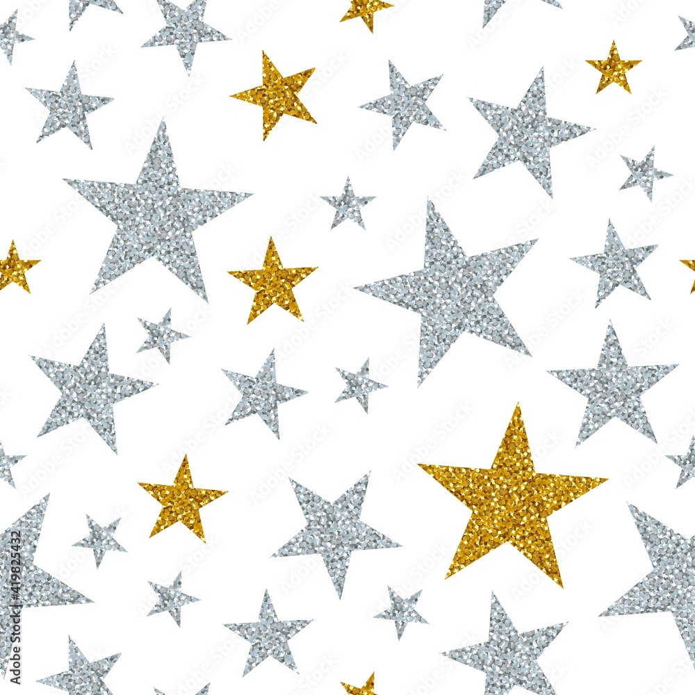 Silver and gold stars on white background. Seamless vector pattern. Silver and gold stars on white background. Seamless vector pattern.