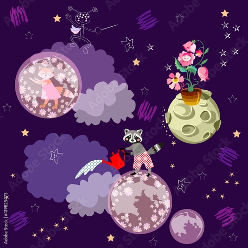 Fototapeta Naklejka Na Ścianę i Meble -  Beautiful endless pattern with cute cartoon animals on fantasy planets and aliens in space against night sky. Wallpaper or print for baby fabric.