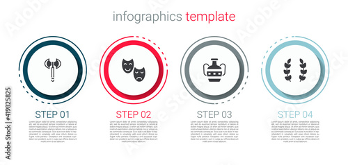 Set Medieval axe, Comedy and tragedy masks, Ancient amphorae and Laurel wreath. Business infographic template. Vector.