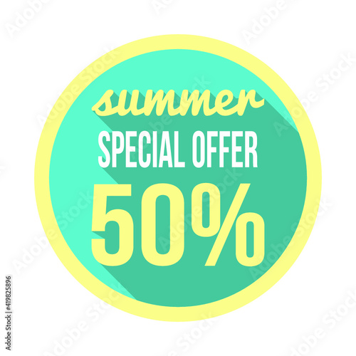 Vector illustration of "summer special offer 50%" lettering on white background.